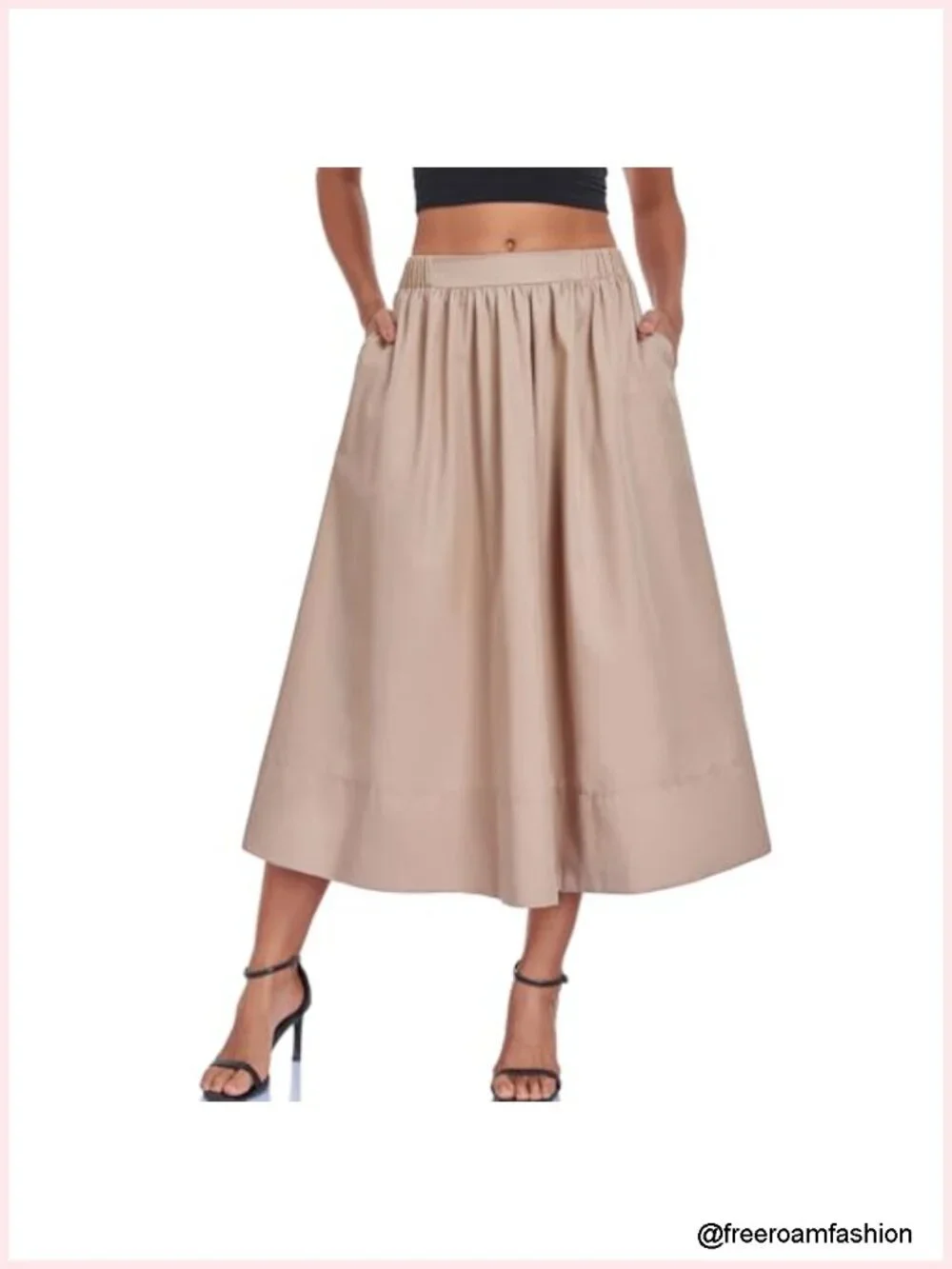 A-Line Midi Skirt Elastic High Waist Pleated Flowy Beach Long Skirt with Pocket